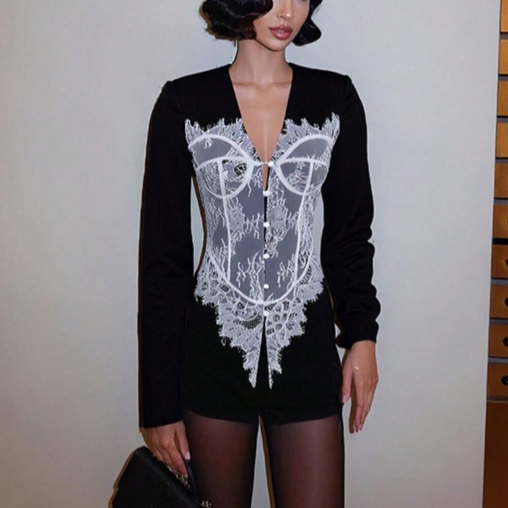 Black Elegant Women's Figure-Hugging Lace Button V-Neck Suit top